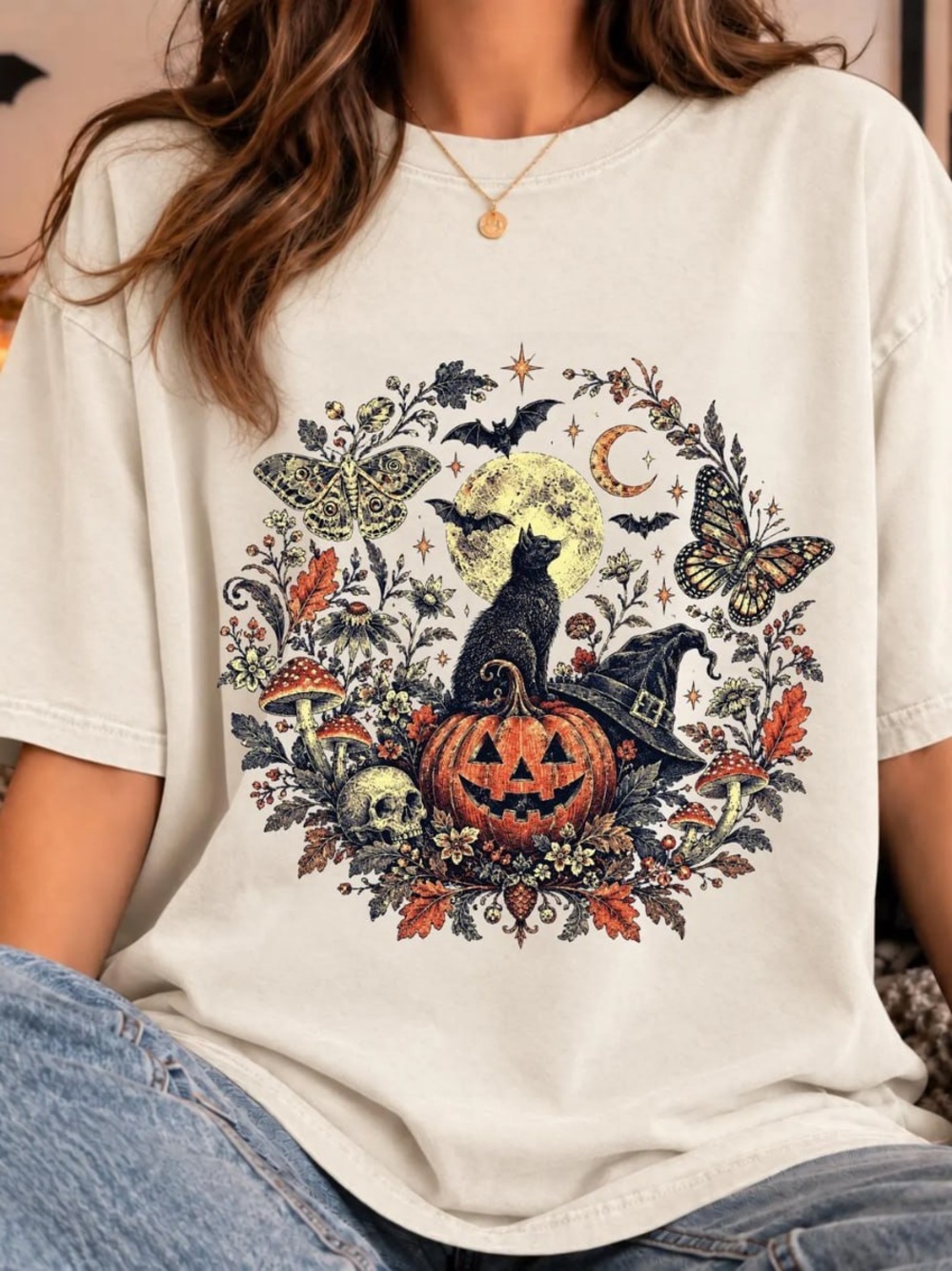Comfort Colors Ivory Halloween Cat & Pumpkin Graphic Tee